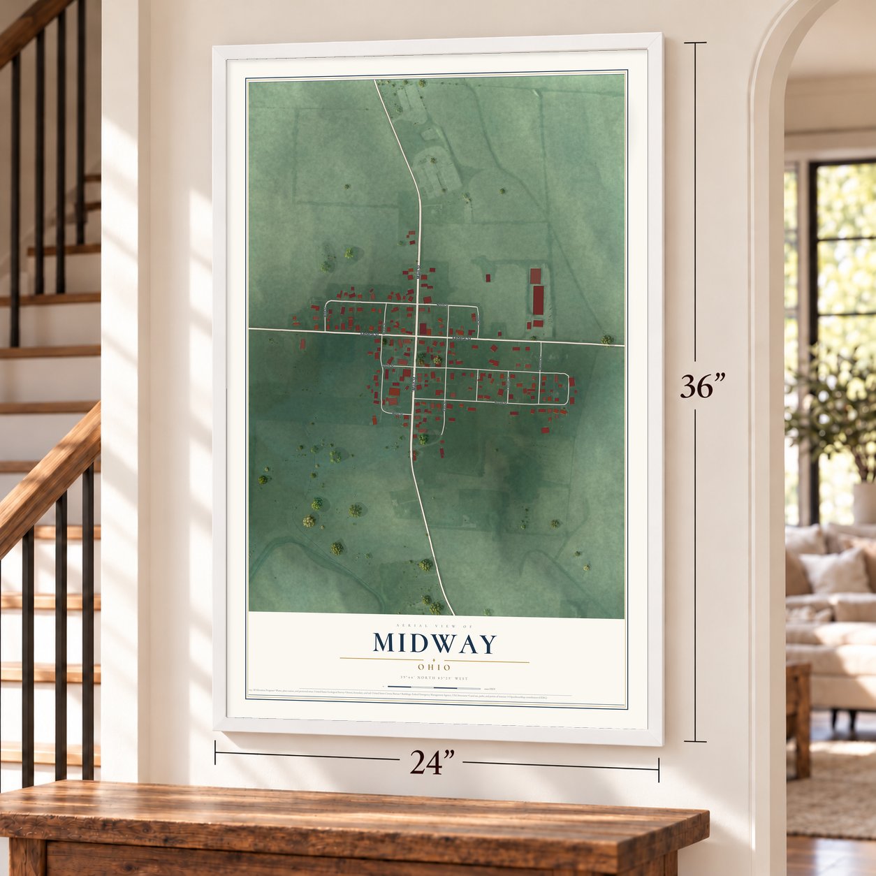Midway, Ohio map, 24 x 36 inch print in a white frame by a staircase