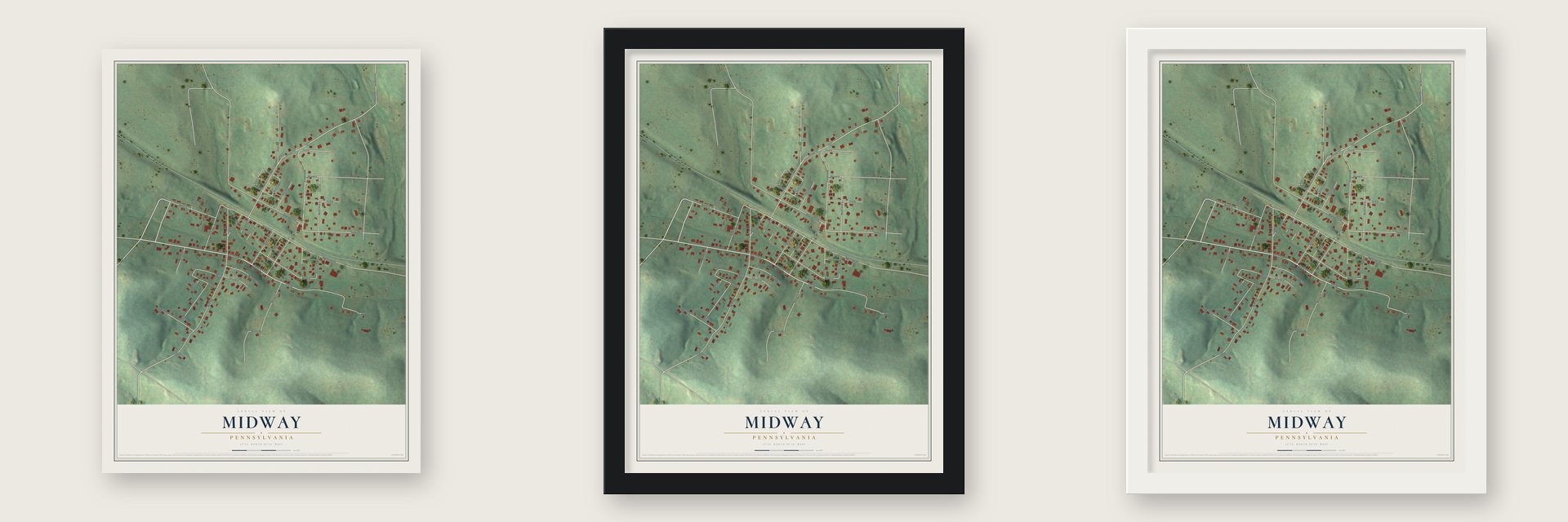 Midway, Pennsylvania map unframed, in a black wood frame and in a white wood frame