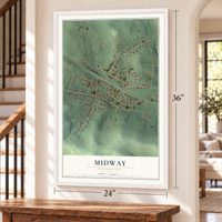 Midway, Pennsylvania map, 24 x 36 inch print in a white frame by a staircase