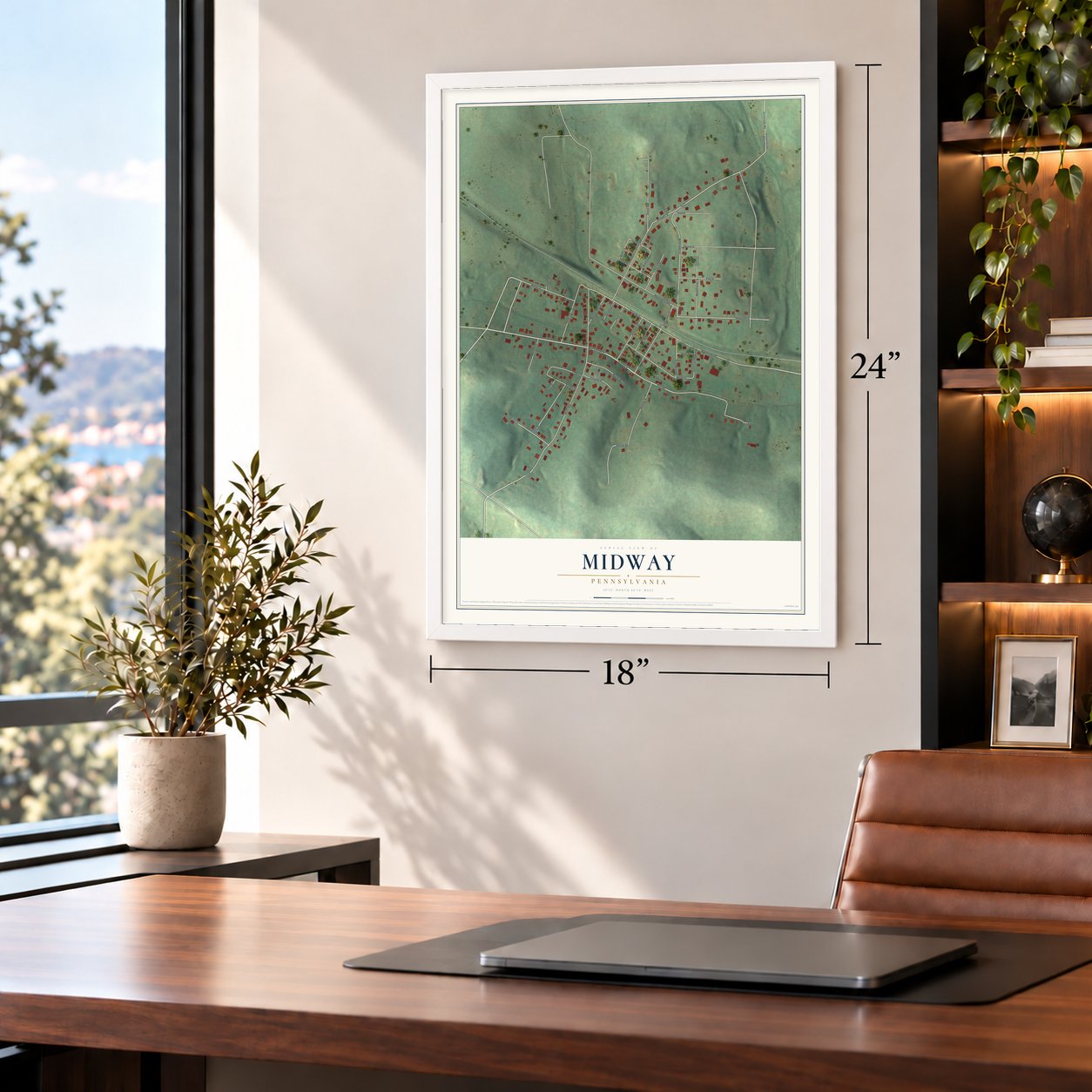 Midway, Pennsylvania map, 18 x 24 inch print in a white frame in a home office