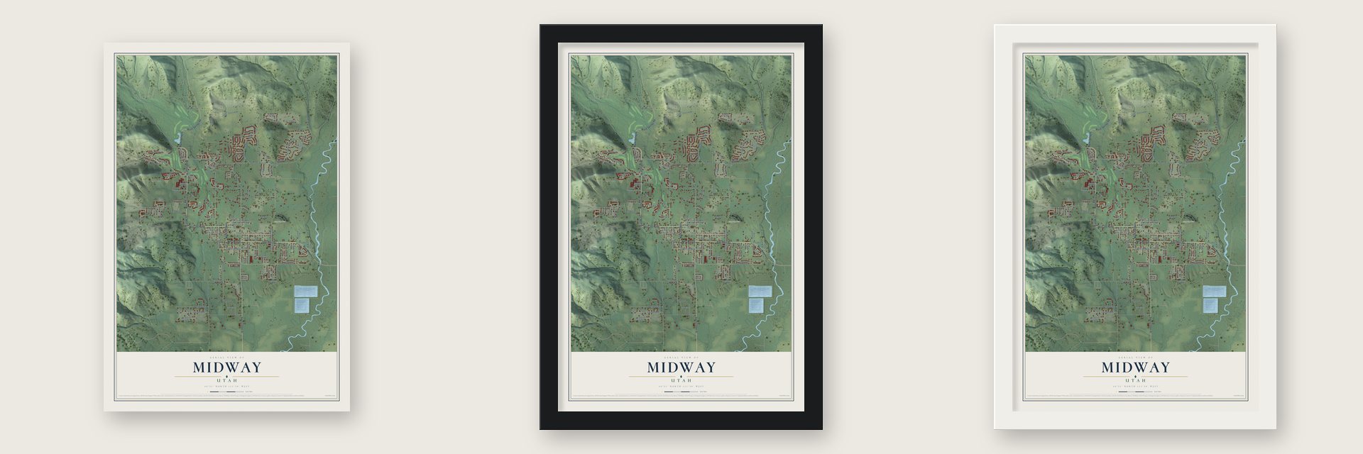 Midway, Utah map unframed, in a black wood frame and in a white wood frame