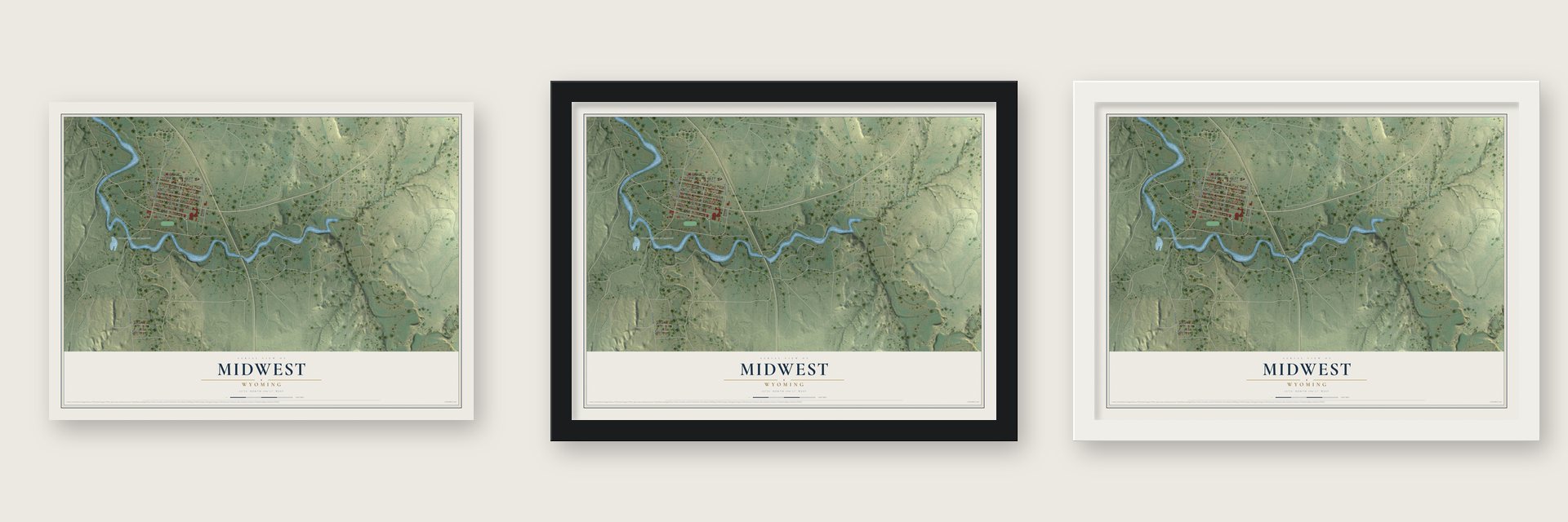 Midwest, Wyoming map unframed, in a black wood frame and in a white wood frame