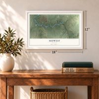 Midwest, Wyoming map, 12 x 18 inch print in a white frame in an entryway