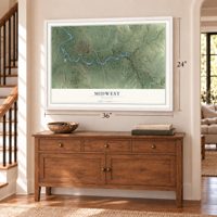 Midwest, Wyoming map, 24 x 36 inch print in a white frame above a dresser by a staircase