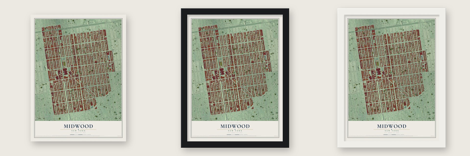 Midwood, New York map unframed, in a black wood frame and in a white wood frame