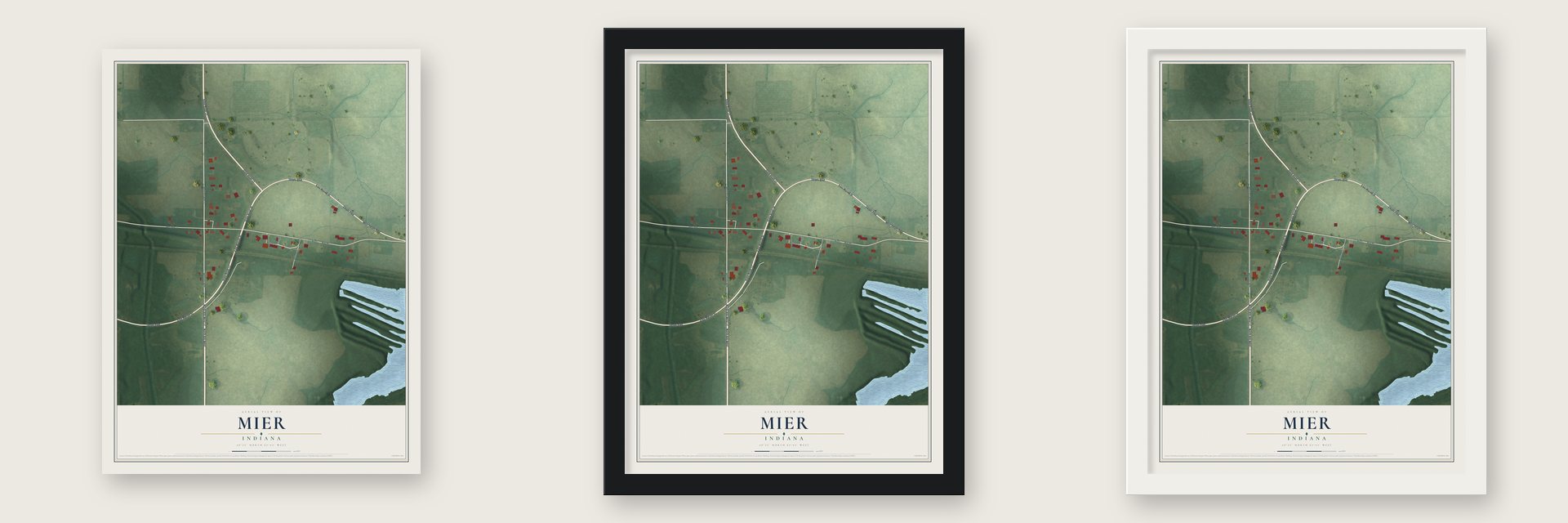 Mier, Indiana map unframed, in a black wood frame and in a white wood frame