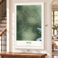 Mier, Indiana map, 24 x 36 inch print in a white frame by a staircase