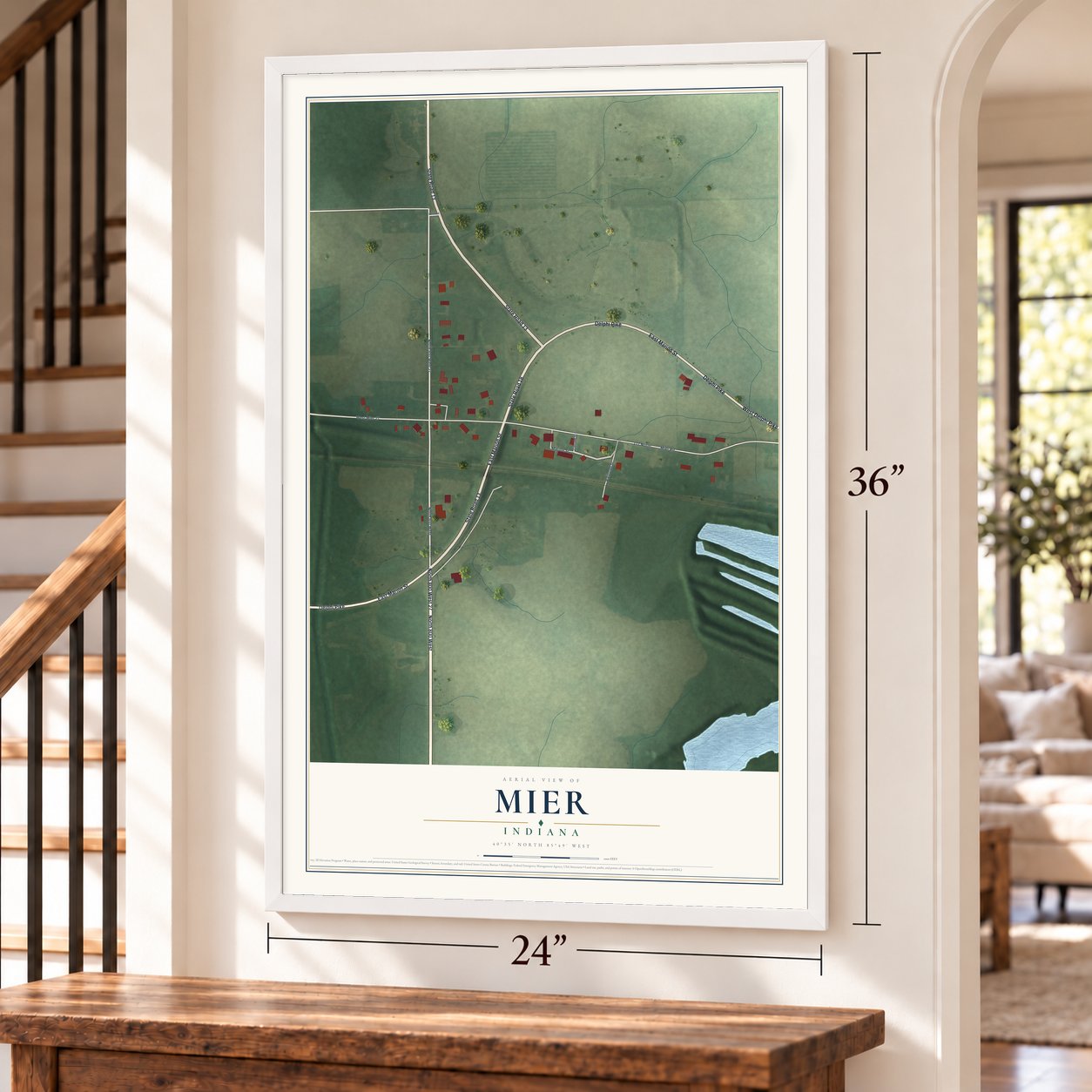 Mier, Indiana map, 24 x 36 inch print in a white frame by a staircase