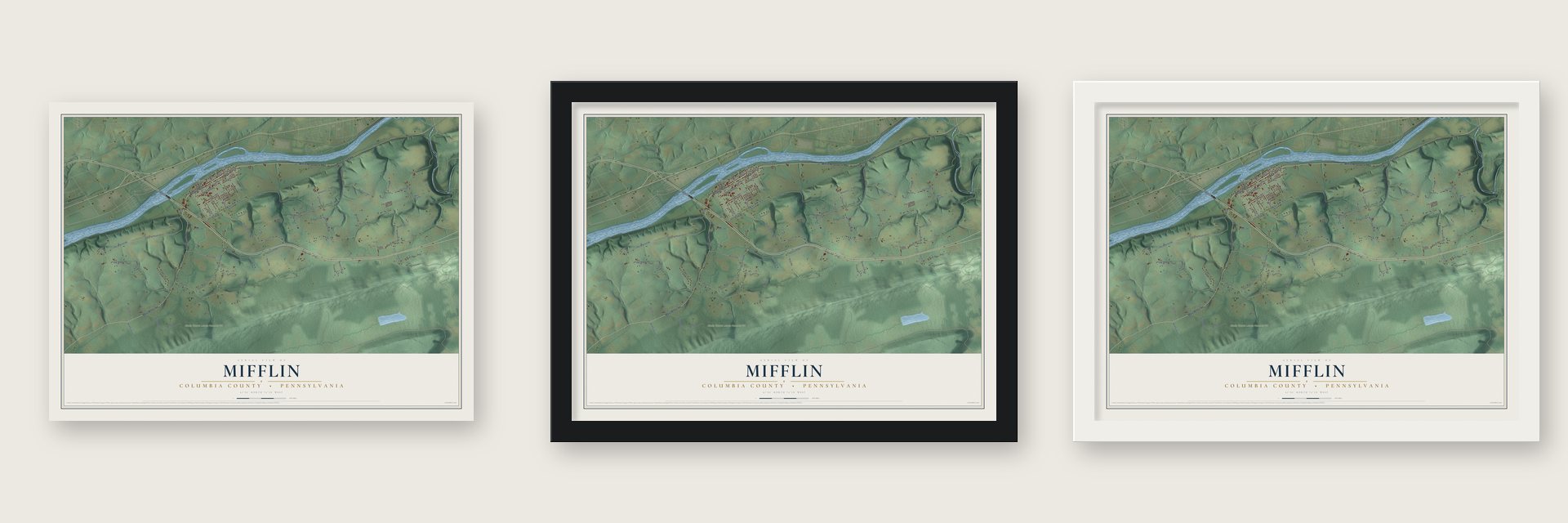 Mifflin, Columbia County, Pennsylvania map unframed, in a black wood frame and in a white wood frame