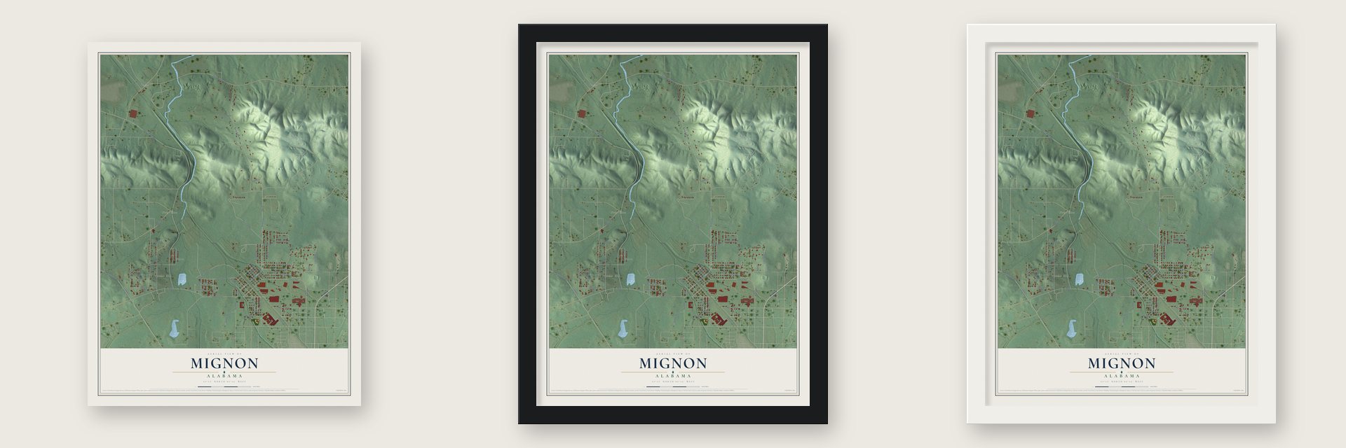 Mignon, Alabama map unframed, in a black wood frame and in a white wood frame