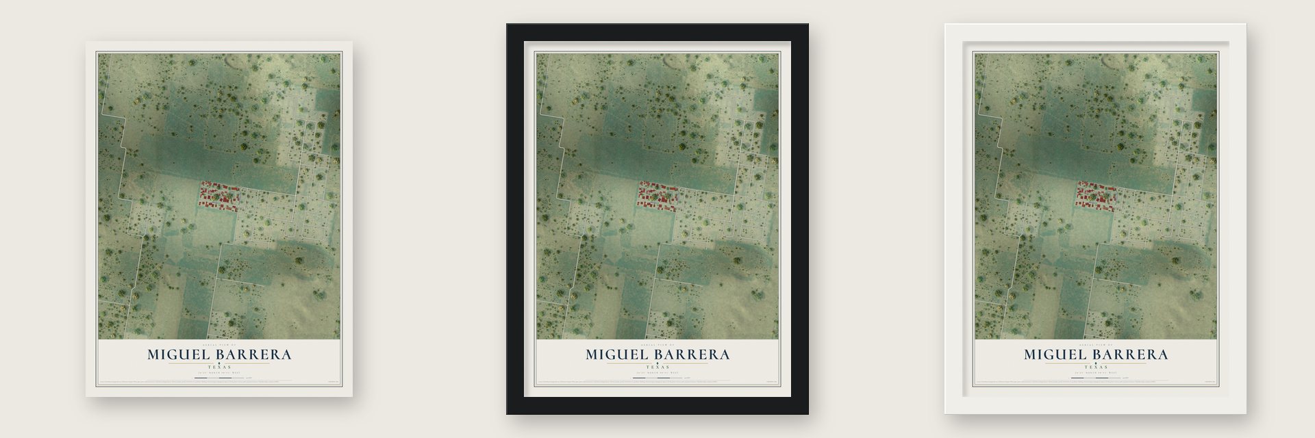 Miguel Barrera, Texas map unframed, in a black wood frame and in a white wood frame