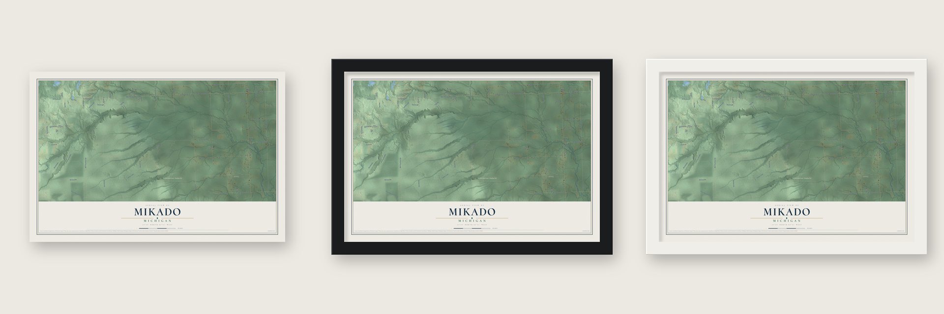 Mikado, Michigan map unframed, in a black wood frame and in a white wood frame