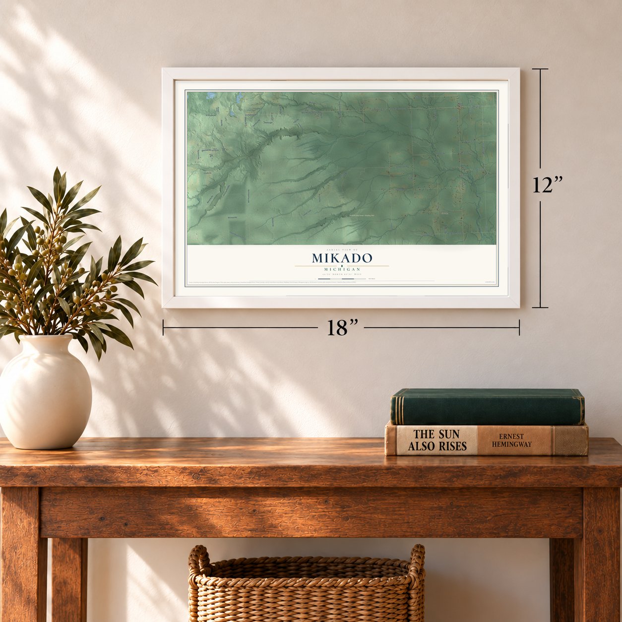Mikado, Michigan map, 12 x 18 inch print in a white frame in an entryway