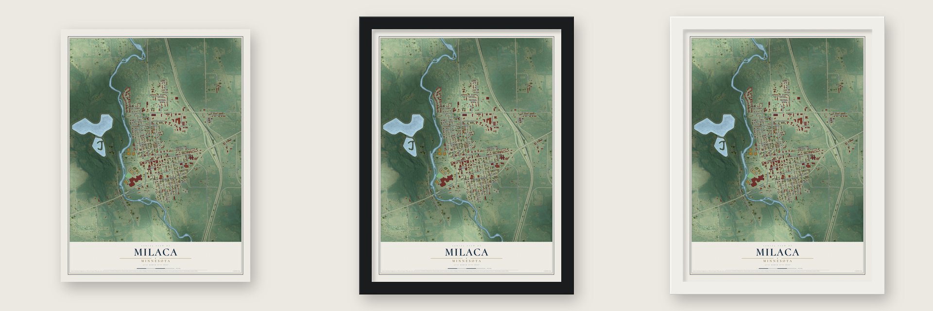 Milaca, Minnesota map unframed, in a black wood frame and in a white wood frame