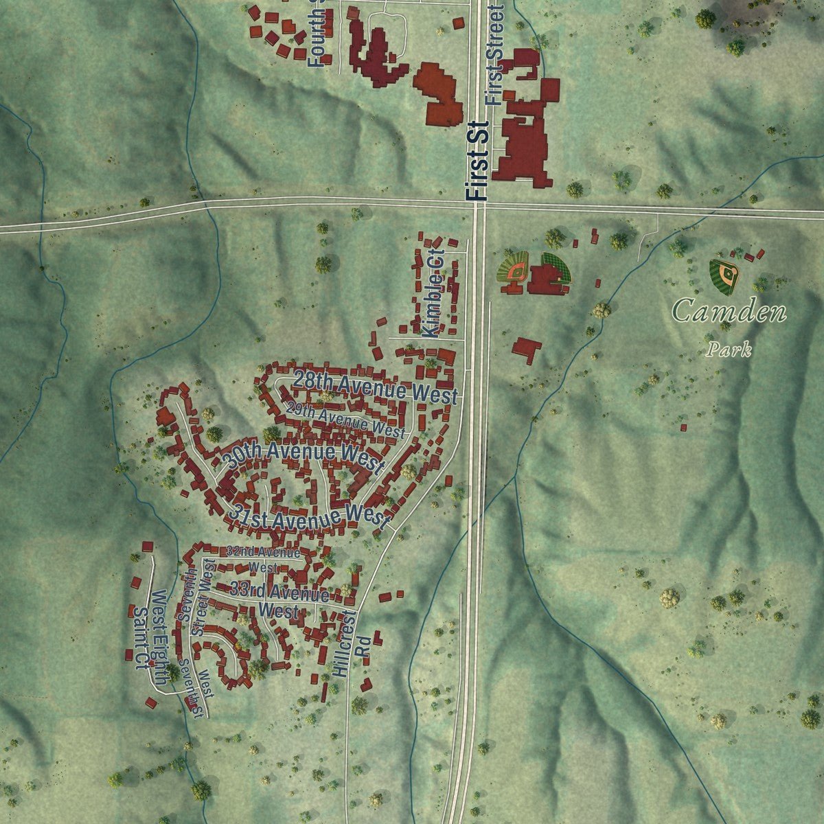 Second close-up of the map of Milan, Illinois print showing more streets and buildings
