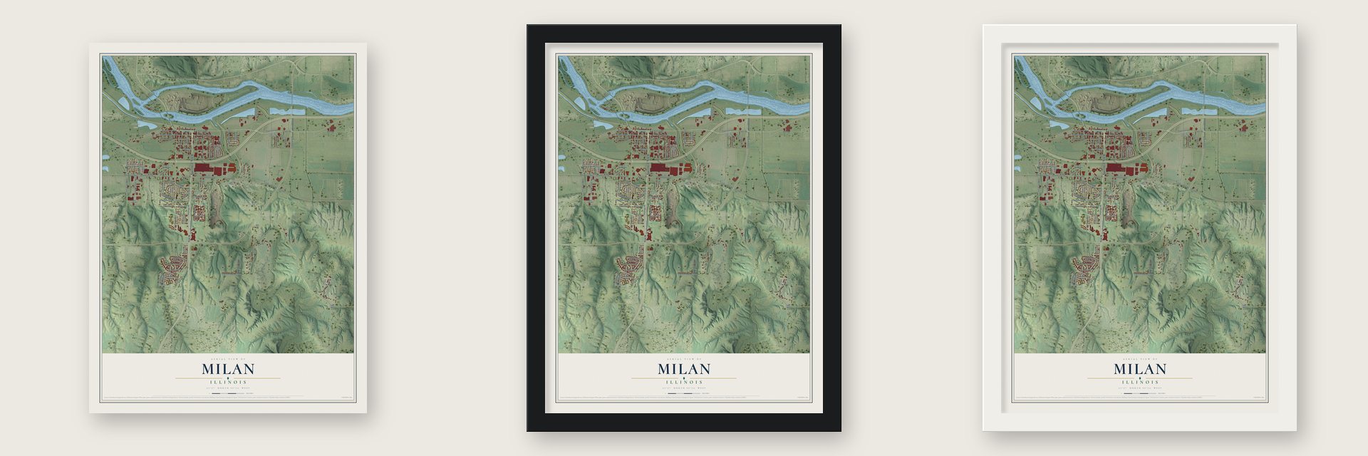 Milan, Illinois map unframed, in a black wood frame and in a white wood frame