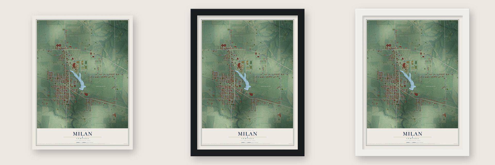 Milan, Indiana map unframed, in a black wood frame and in a white wood frame
