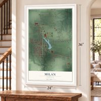 Milan, Indiana map, 24 x 36 inch print in a white frame by a staircase