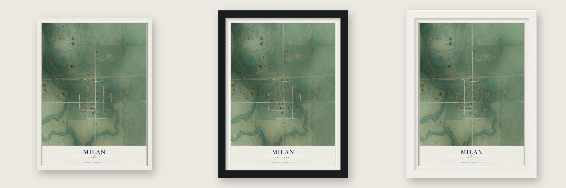Milan, Kansas map unframed, in a black wood frame and in a white wood frame