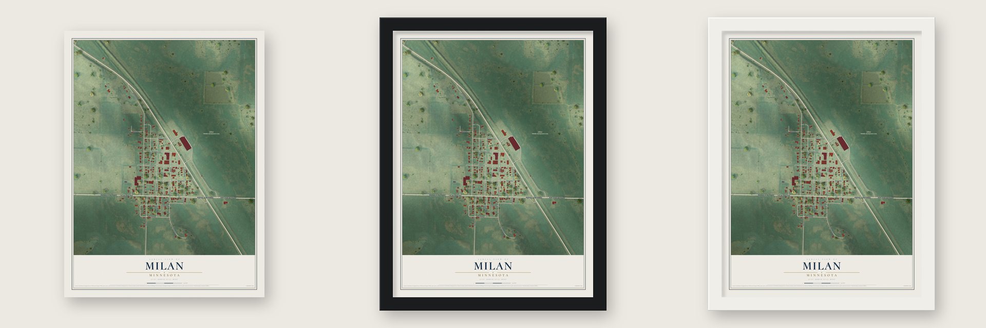 Milan, Minnesota map unframed, in a black wood frame and in a white wood frame