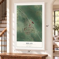 Milan, Minnesota map, 24 x 36 inch print in a white frame by a staircase