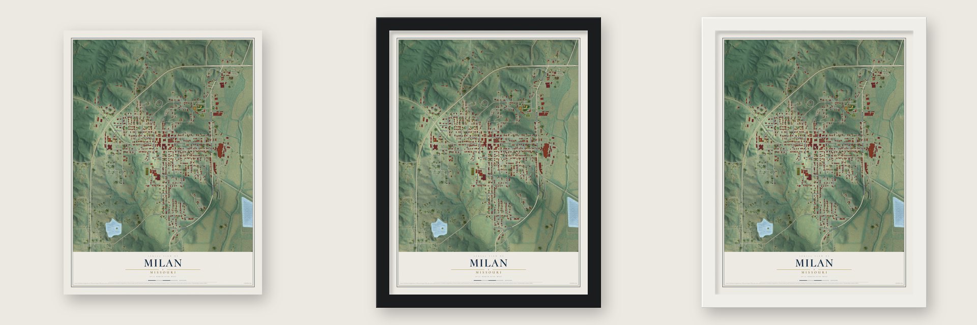 Milan, Missouri map unframed, in a black wood frame and in a white wood frame