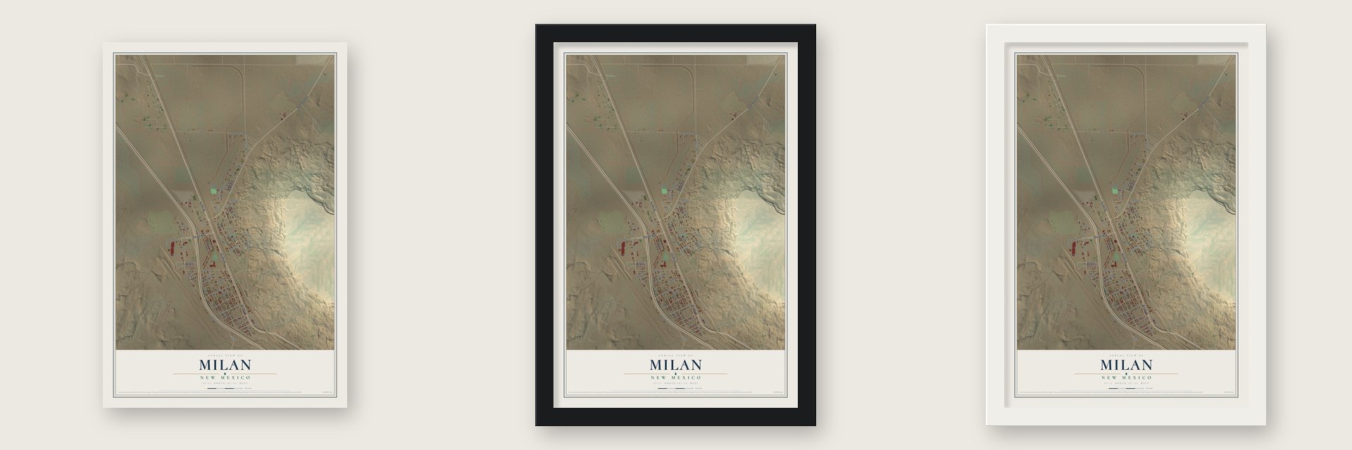 Milan, New Mexico map unframed, in a black wood frame and in a white wood frame