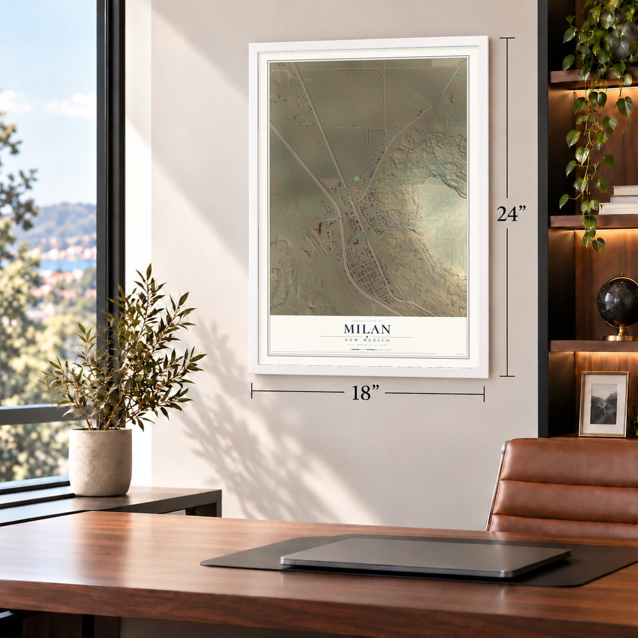 Milan, New Mexico map, 18 x 24 inch print in a white frame in a home office