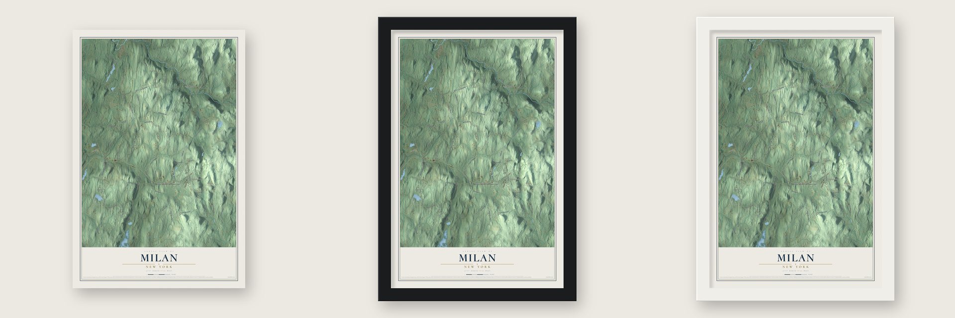 Milan, New York map unframed, in a black wood frame and in a white wood frame