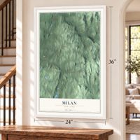 Milan, New York map, 24 x 36 inch print in a white frame by a staircase