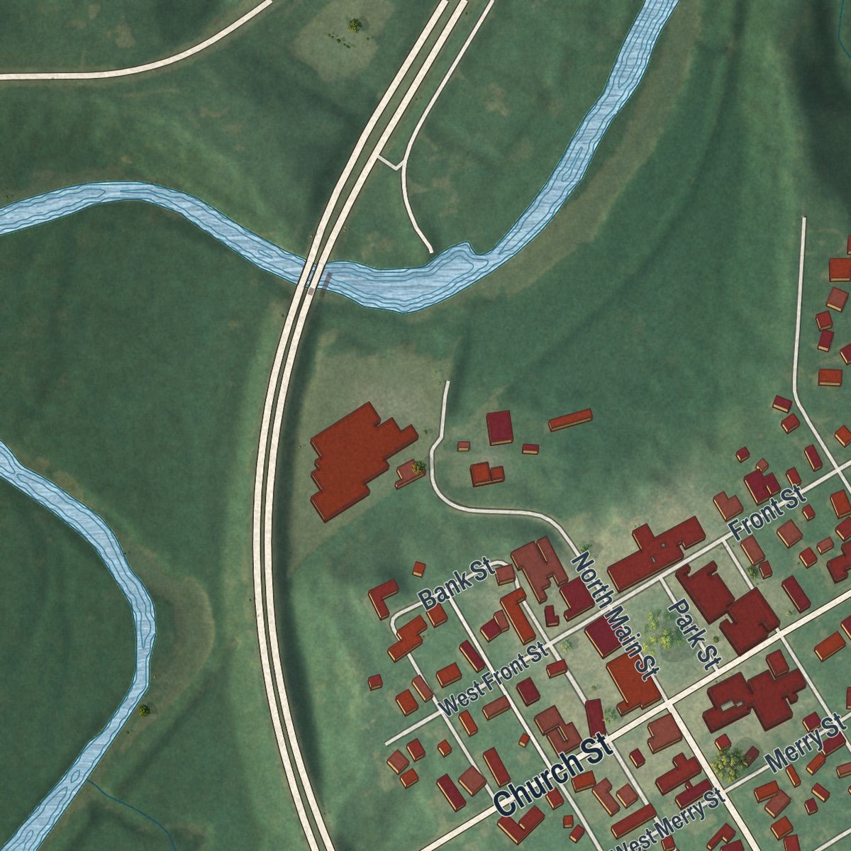 Second close-up of the map of Milan, Ohio print showing more streets and buildings