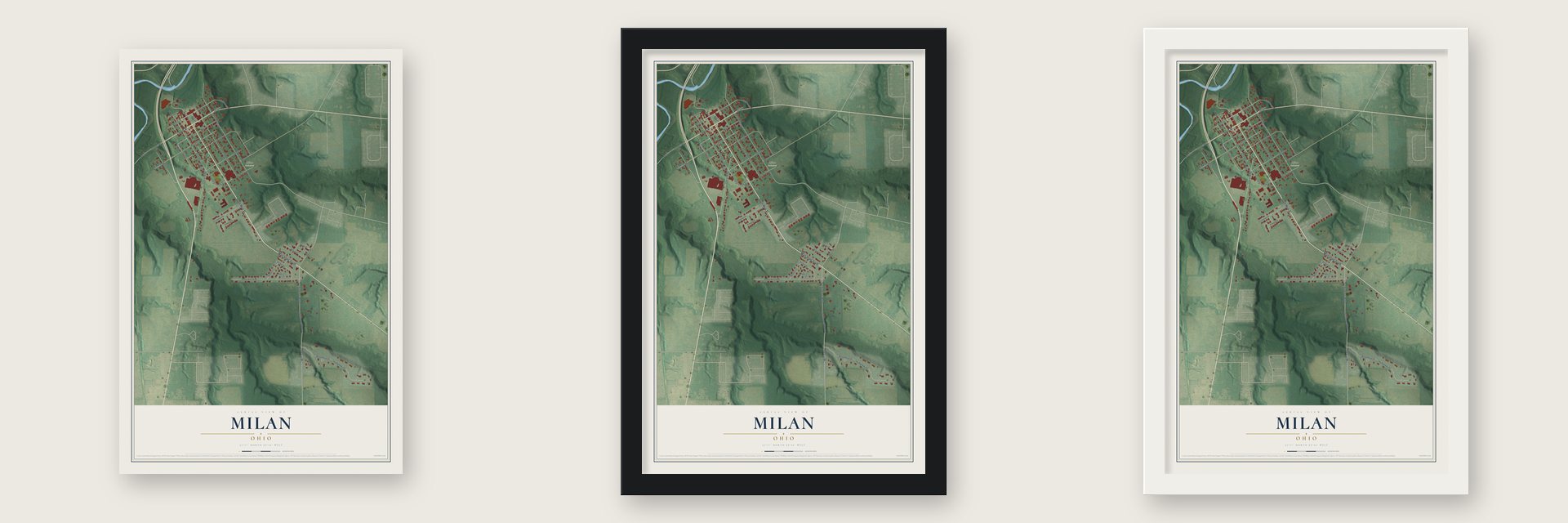Milan, Ohio map unframed, in a black wood frame and in a white wood frame