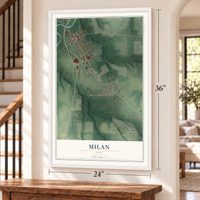 Milan, Ohio map, 24 x 36 inch print in a white frame by a staircase
