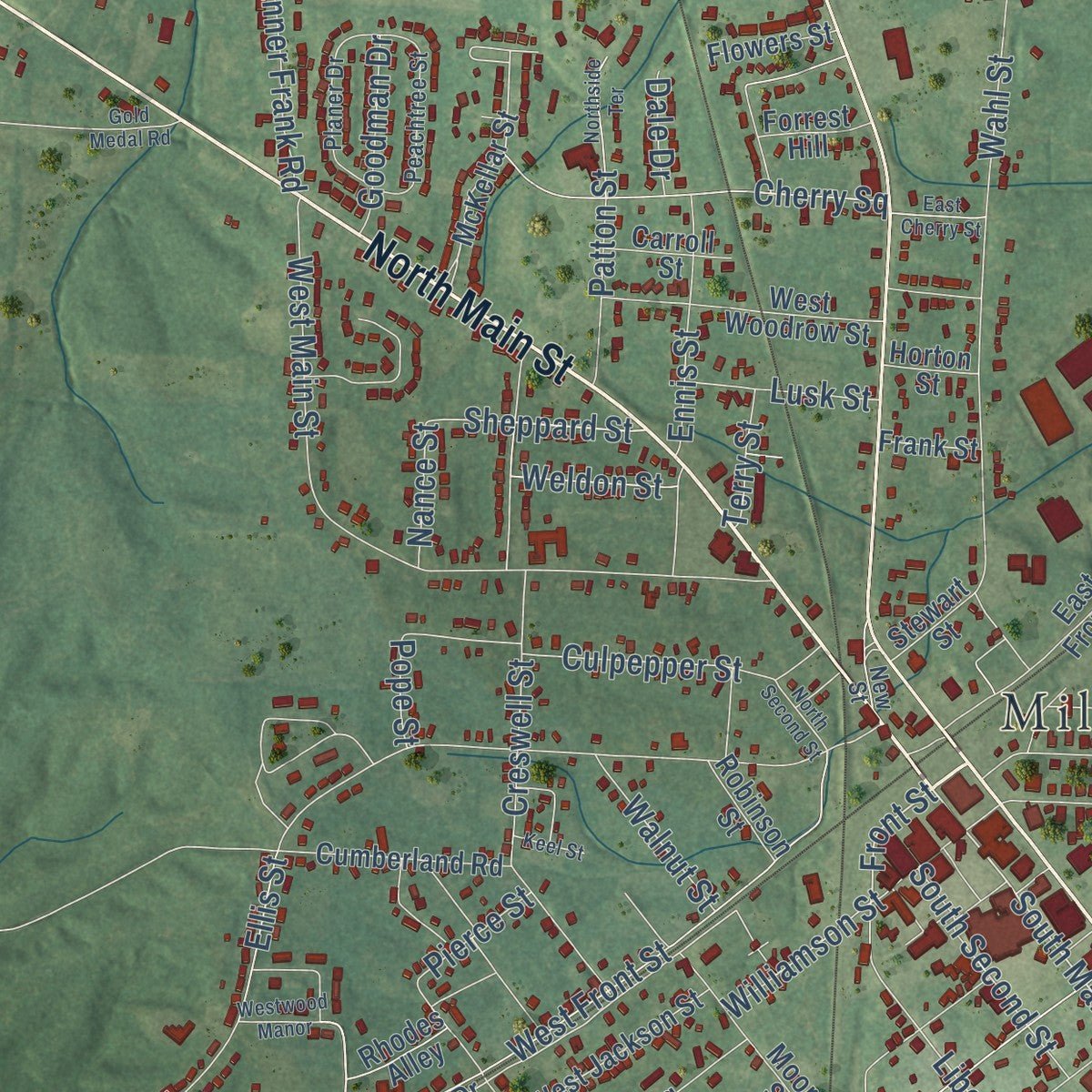 Second close-up of the map of Milan, Tennessee print showing more streets and buildings
