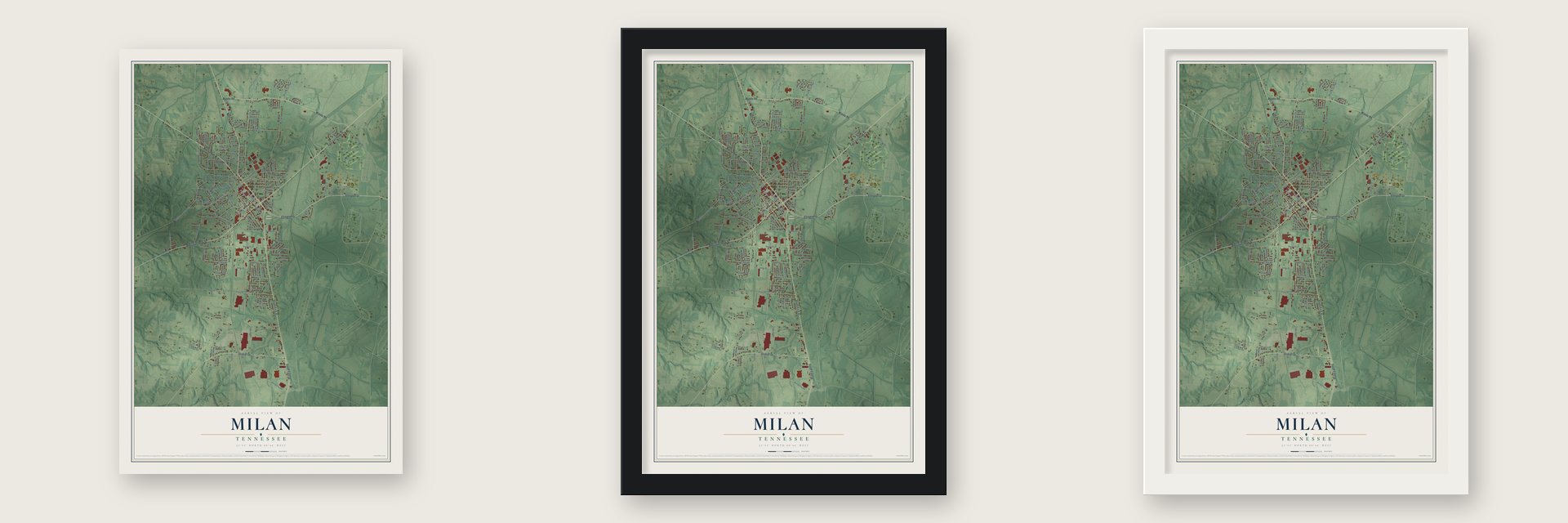 Milan, Tennessee map unframed, in a black wood frame and in a white wood frame