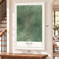 Milan, Tennessee map, 24 x 36 inch print in a white frame by a staircase