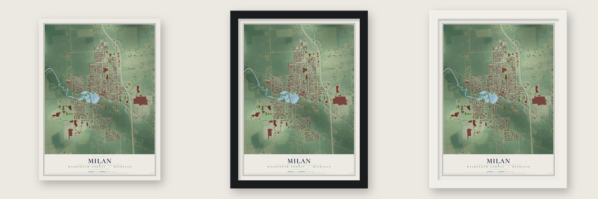 Milan, Washtenaw County, Michigan map unframed, in a black wood frame and in a white wood frame