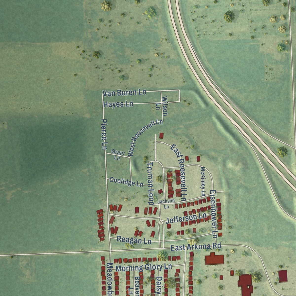 Second close-up of the map of Milan, Washtenaw County, Michigan print showing more streets and buildings