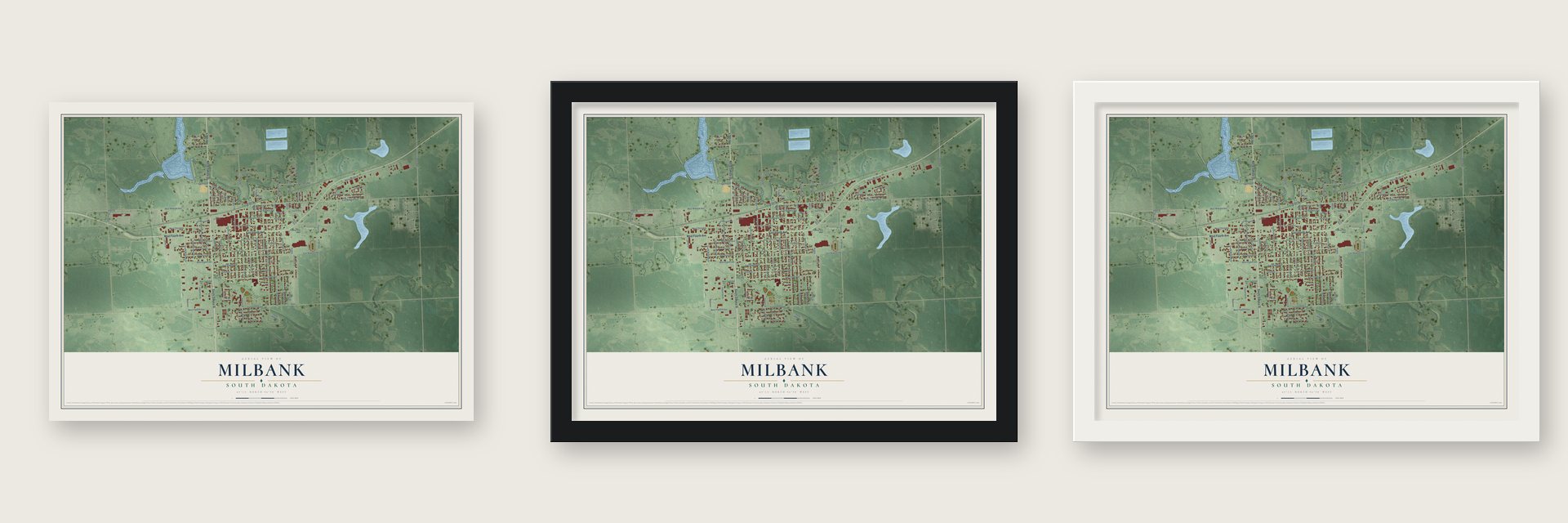 Milbank, South Dakota map unframed, in a black wood frame and in a white wood frame
