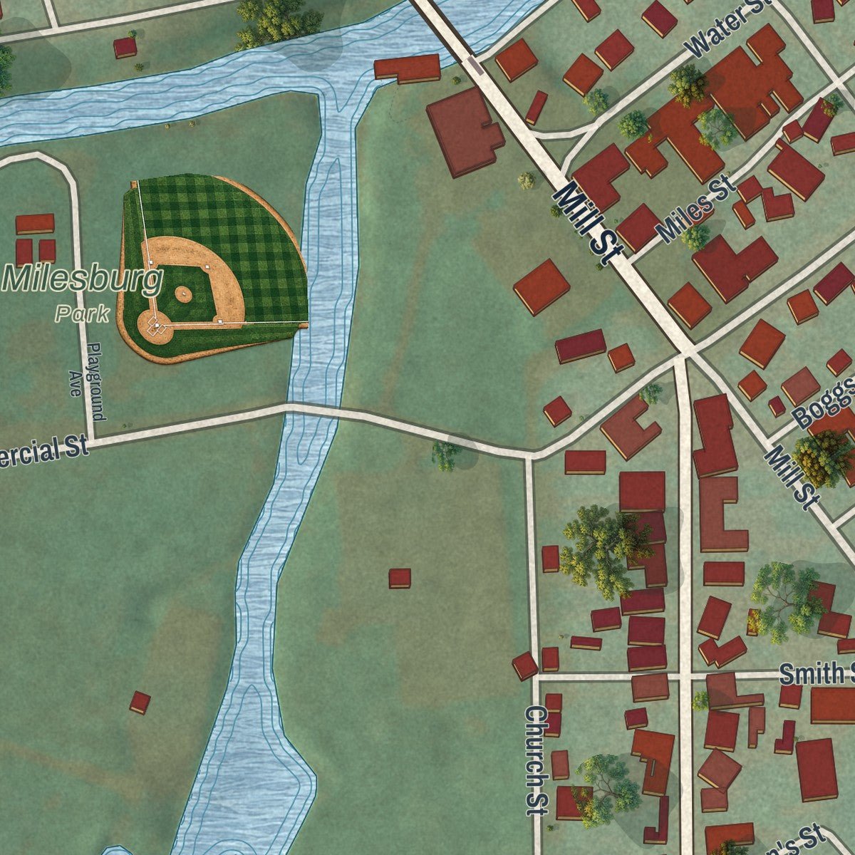 Second close-up of the map of Milesburg, Pennsylvania print showing more streets and buildings