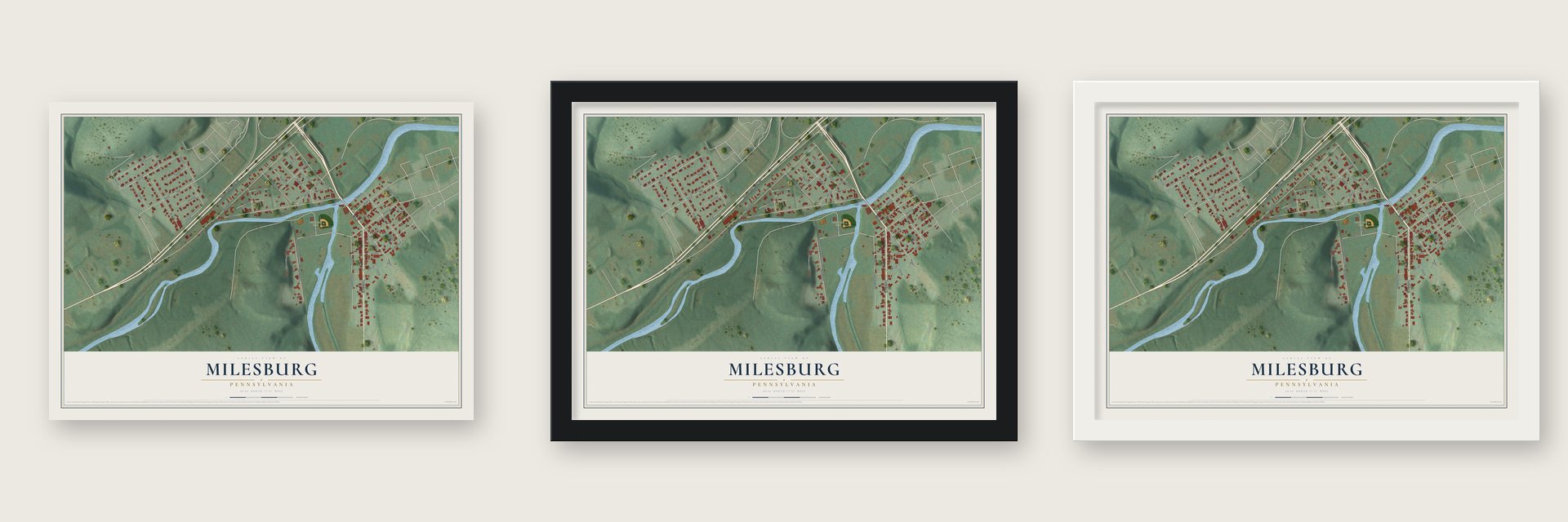 Milesburg, Pennsylvania map unframed, in a black wood frame and in a white wood frame