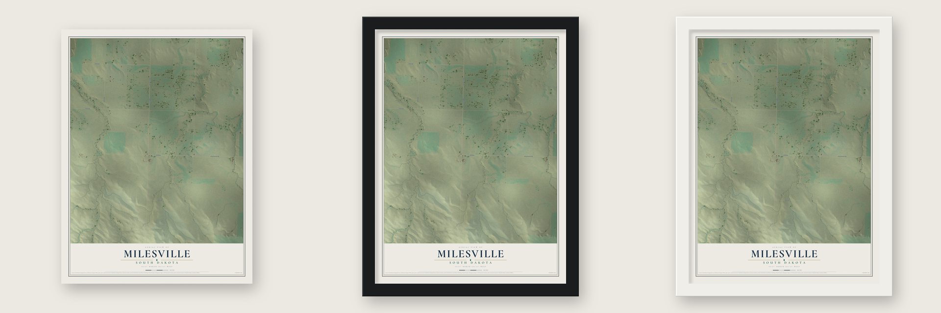 Milesville, South Dakota map unframed, in a black wood frame and in a white wood frame