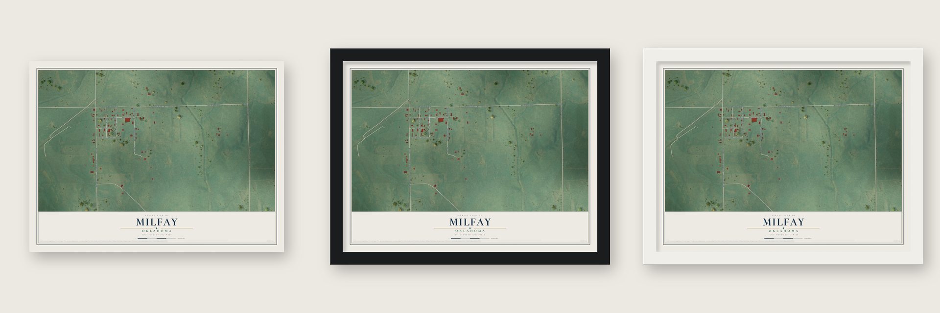 Milfay, Oklahoma map unframed, in a black wood frame and in a white wood frame