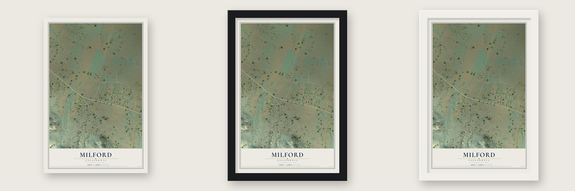 Milford, California map unframed, in a black wood frame and in a white wood frame