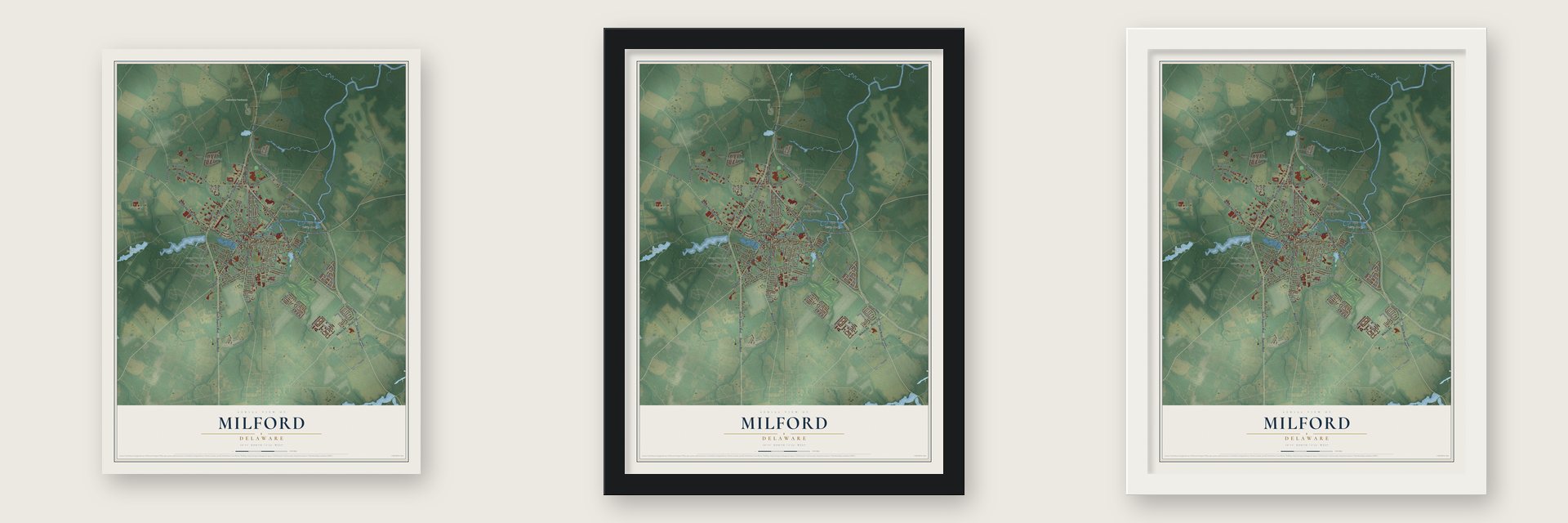 Milford, Delaware map unframed, in a black wood frame and in a white wood frame