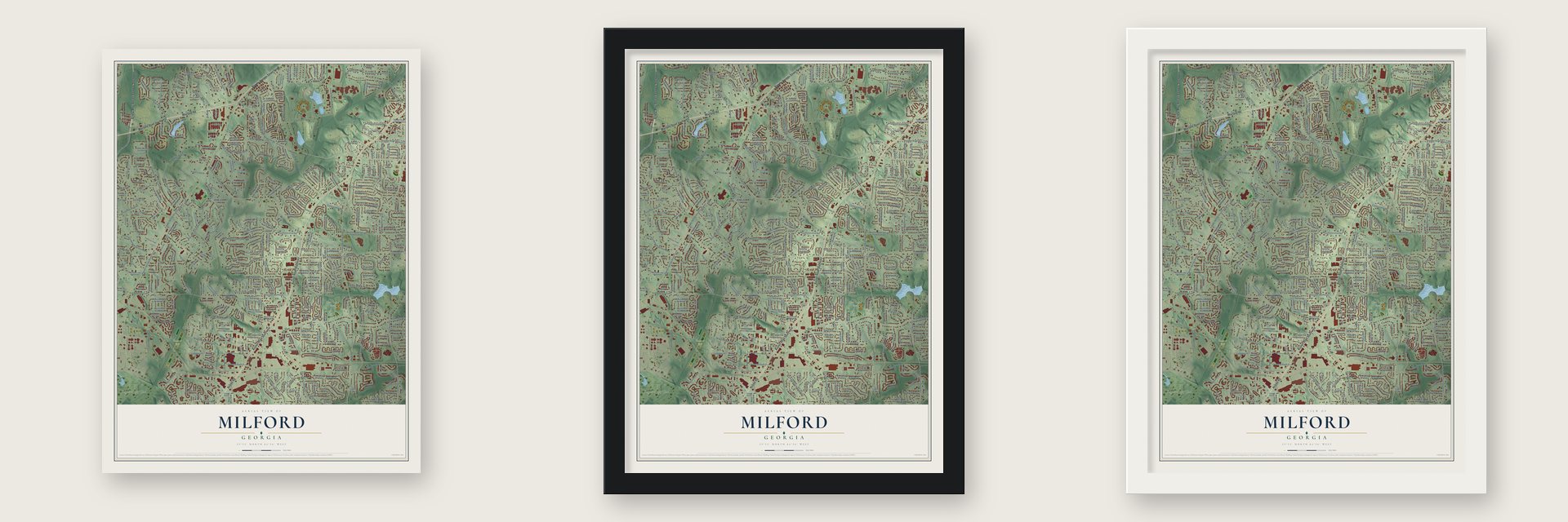 Milford, Georgia map unframed, in a black wood frame and in a white wood frame