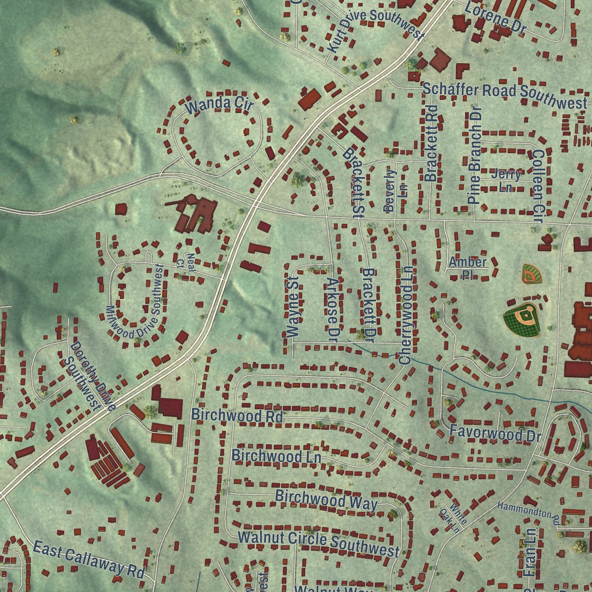 Second close-up of the map of Milford, Georgia print showing more streets and buildings