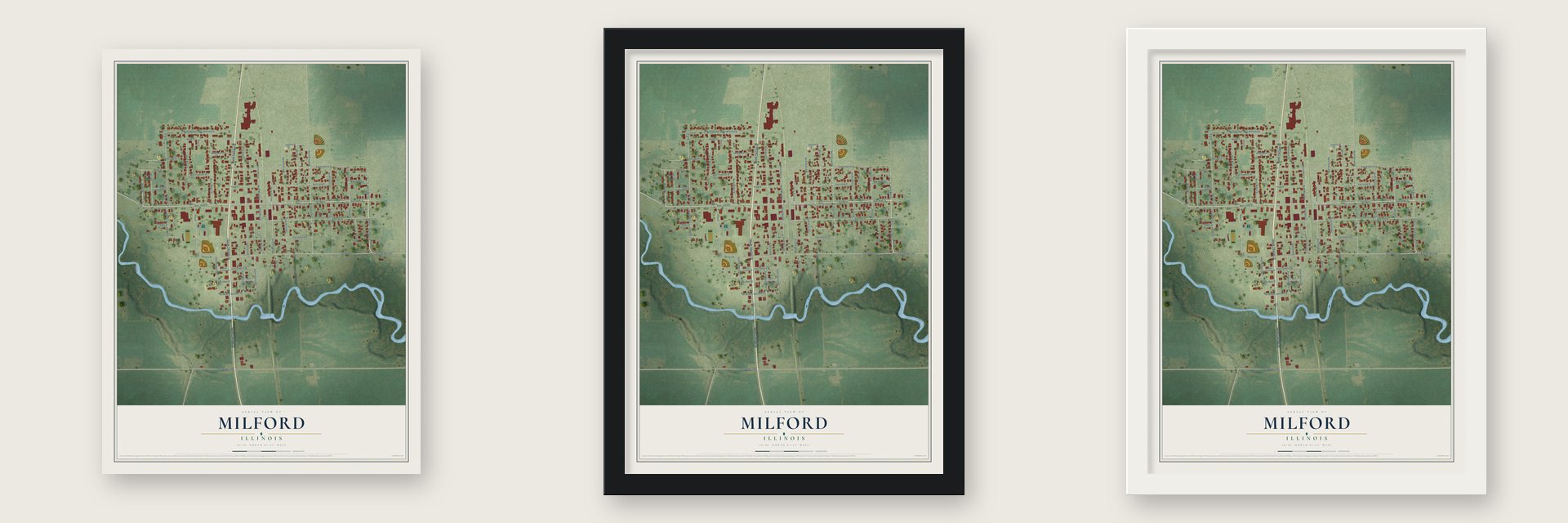 Milford, Illinois map unframed, in a black wood frame and in a white wood frame