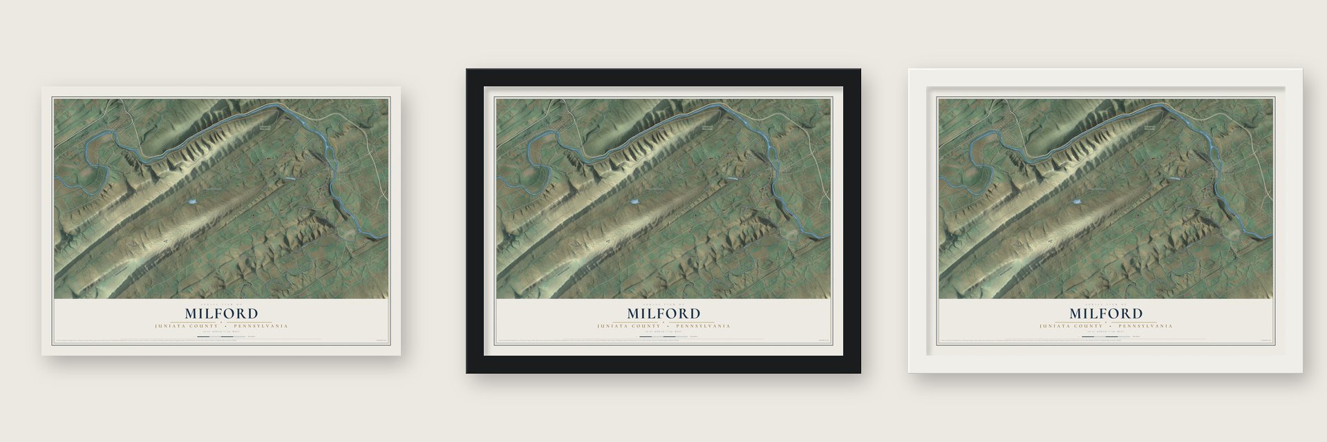 Milford, Juniata County, Pennsylvania map unframed, in a black wood frame and in a white wood frame