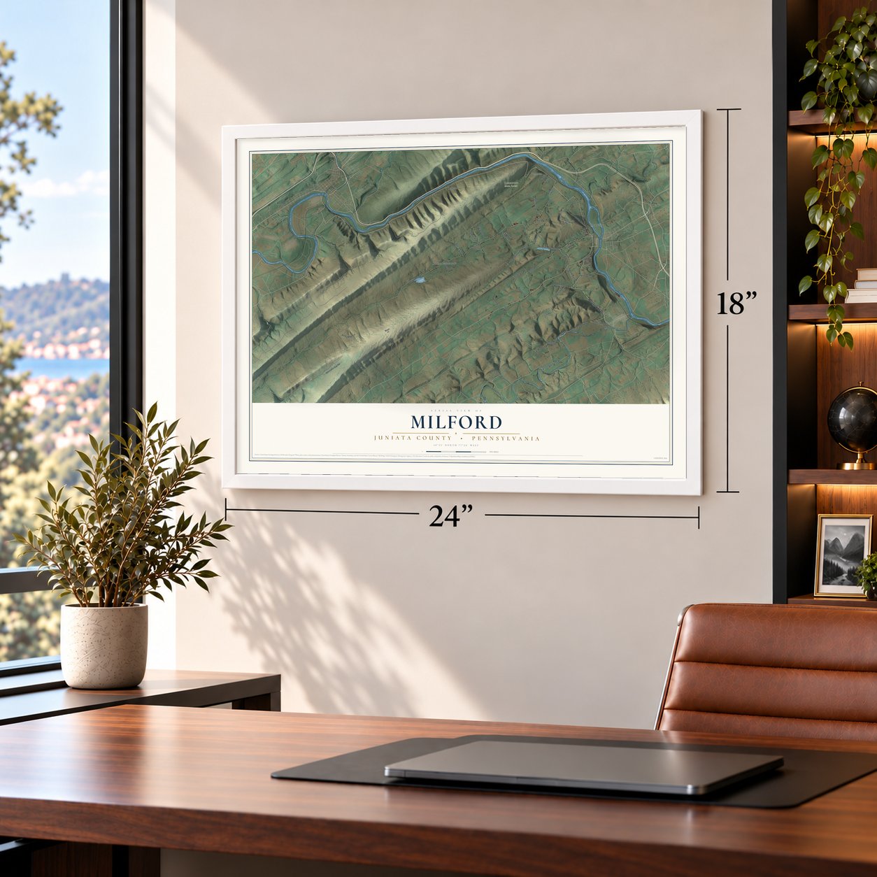 Milford, Juniata County, Pennsylvania map, 18 x 24 inch print in a white frame in a home office